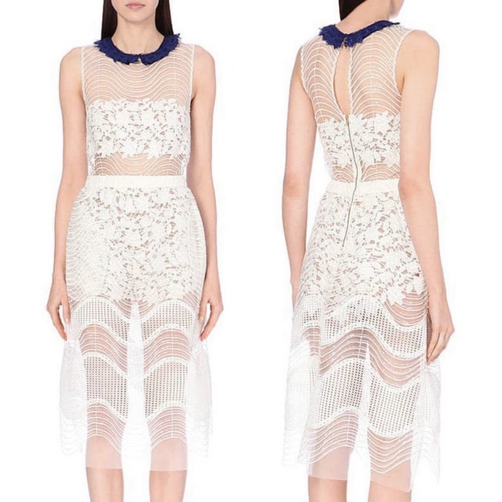Self Portrait Iris Embroidered Layered Dress Sequin Midi Lace White Size 8 New